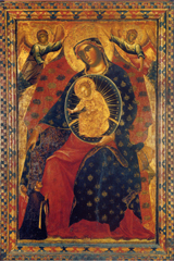 PAOLO VENEZIANO, MADONNA COL BAMBINO IN TRONO E DUE COMMITTENT1I, 1340 CIRCA 142 90, 157 105